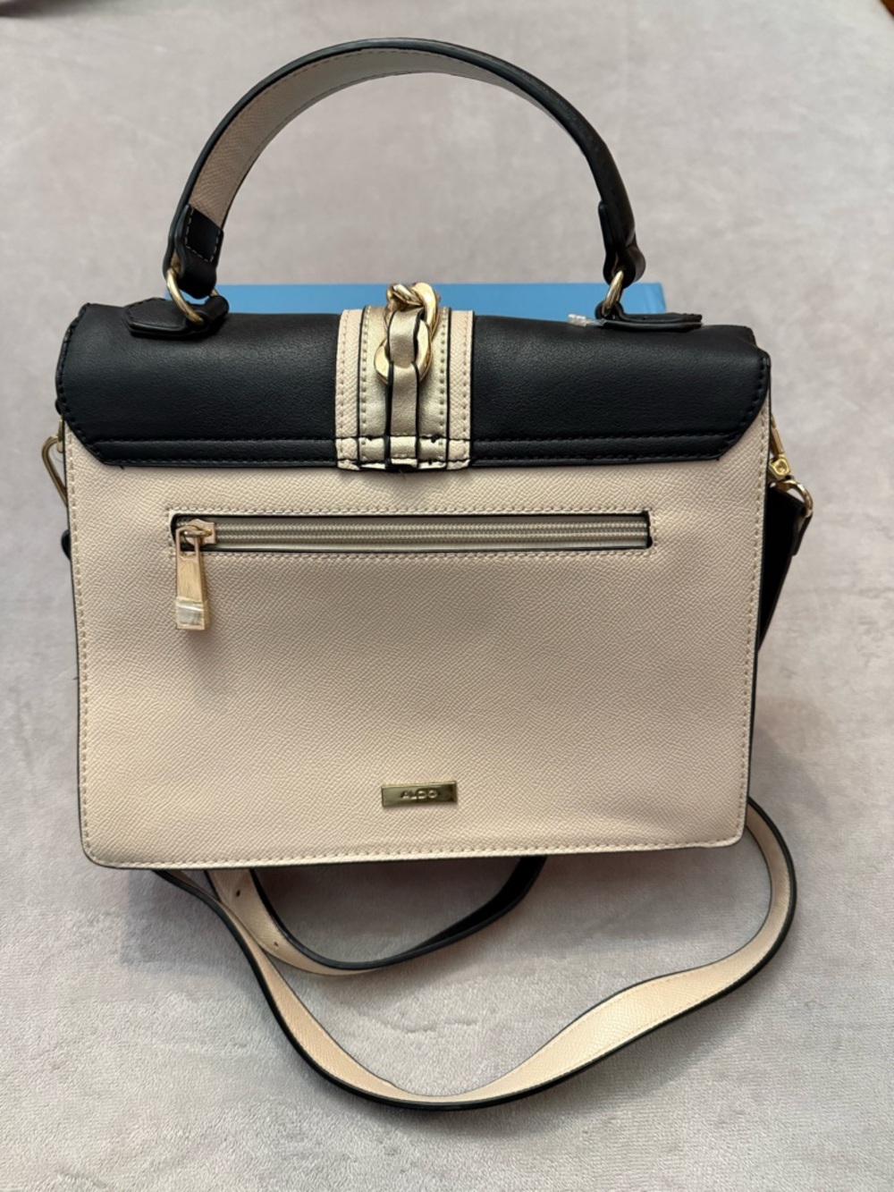 ALDO Black Beige Top Handle Satchel Crossbody Gold Chain Accent Structured Purse - Picture 3 of 11